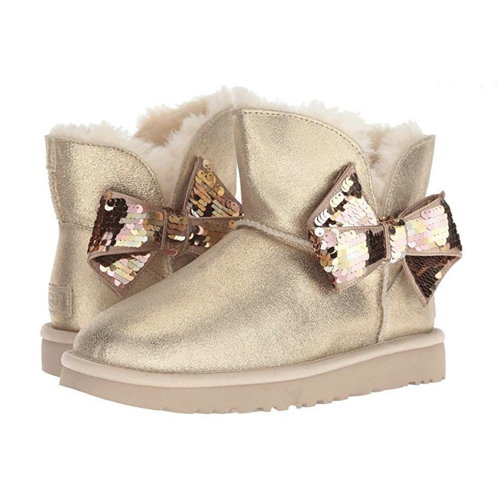 UGG WOMEN'S MINI SEQUIN BOW BOOTS IN GOLD SZ 6